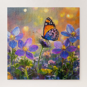 Kleiner Schmetterling auf Wildblumen bei Sonnenauf Puzzle