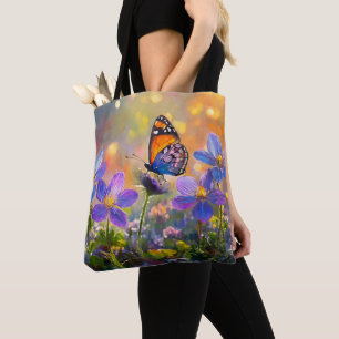 Kleiner Schmetterling auf Wildblumen bei Sonnenauf Tasche