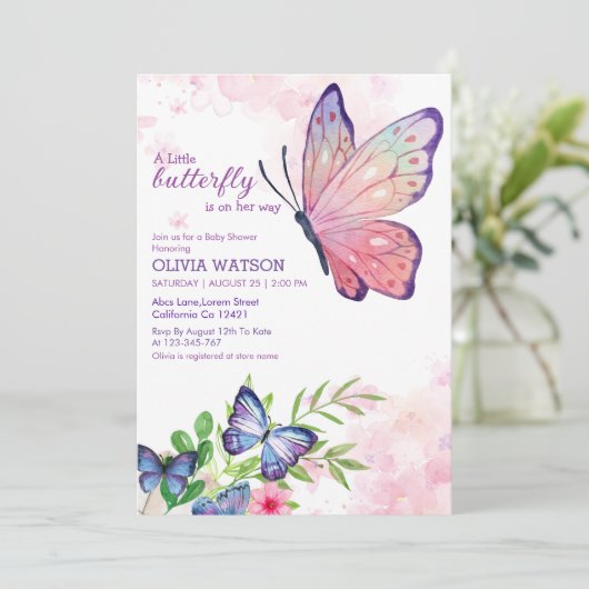 Kleiner Schmetterling ist auf ihrem Weg Blue Baby Einladung (Stehend Vorderseite)