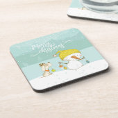 Kleiner Schneemann und Hund in Weihnachten Winters Getränkeuntersetzer (Linke Seite)