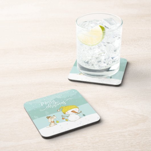 Kleiner Schneemann und Hund in Weihnachten Winters Getränkeuntersetzer (Rechte Seite)