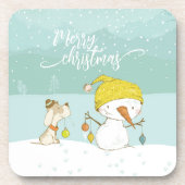 Kleiner Schneemann und Hund in Weihnachten Winters Getränkeuntersetzer (Vorderseite)
