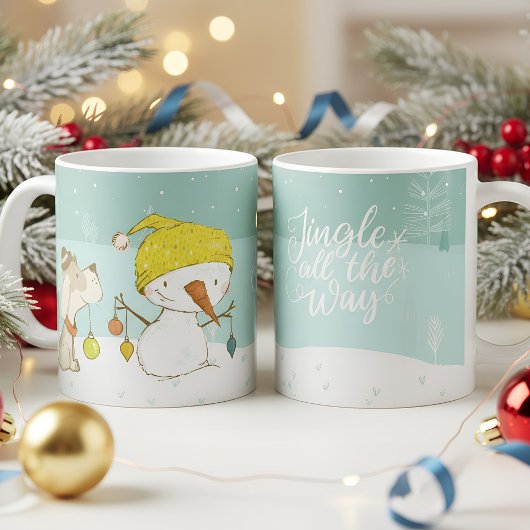 Kleiner Schneemann und Hund in Weihnachten Winters Kaffeetasse