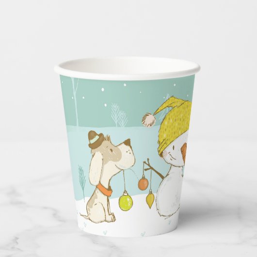 Kleiner Schneemann und Hund in Weihnachten Winters Pappbecher (Vorderseite)