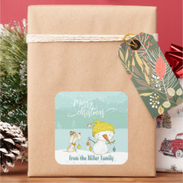 Kleiner Schneemann und Hund in Weihnachten Winters Quadratischer Aufkleber