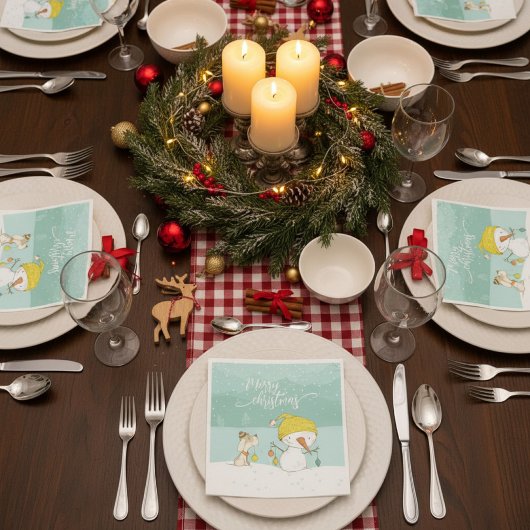 Kleiner Schneemann und Hund in Weihnachten Winters Serviette