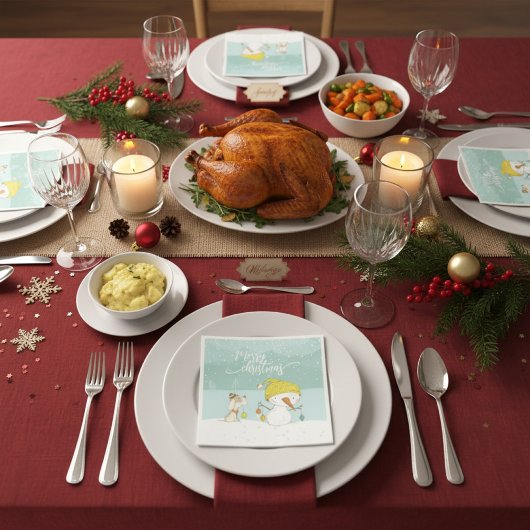 Kleiner Schneemann und Hund in Weihnachten Winters Serviette