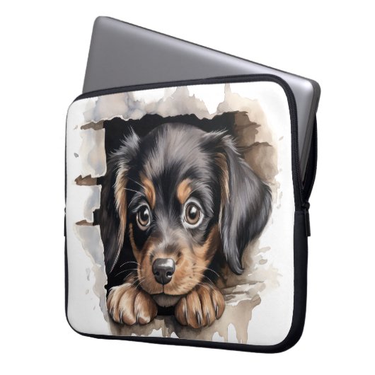 KLEINER SCHWARZ- UND TAN-PUPPENHUNDE ÜBER DEM ZENT LAPTOPSCHUTZHÜLLE (Vorderseite Links)
