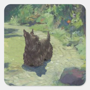 Kleiner Scottie im Garten Quadratischer Aufkleber