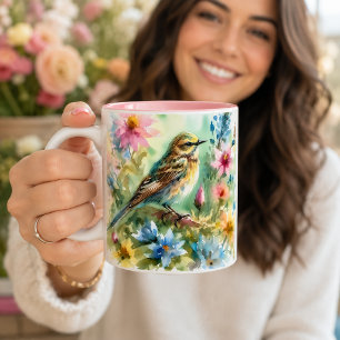 Kleiner Singvogel Wasserfarben Vogel & Floral Zweifarbige Tasse