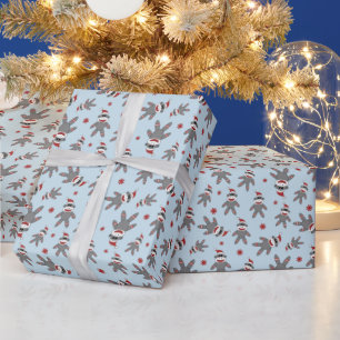 Kleiner Sockenaffe mit Santa-Hut Blau Weihnachten Geschenkpapier
