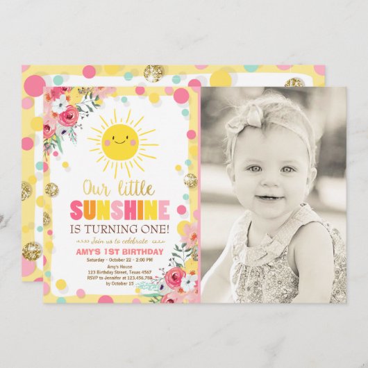 Kleiner Sonnenschein Einladung Geburtstag Rosa Flo (Vorne/Hinten)