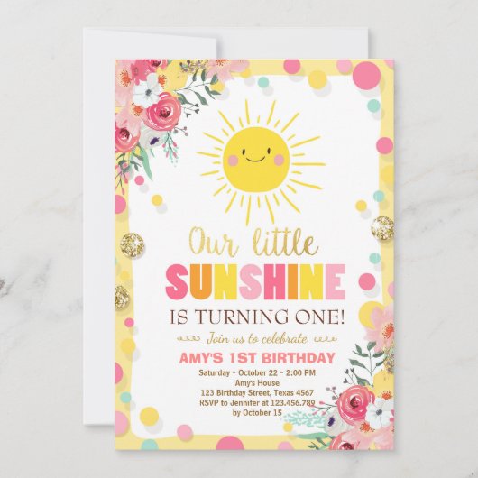 Kleiner Sonnenschein Einladung Geburtstag Rosa Flo (Vorderseite)