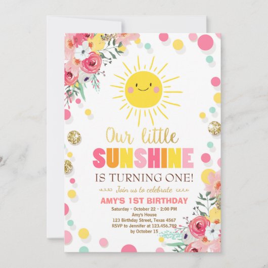 Kleiner Sonnenschein Geburtstag Einladung Pink Flo (Vorderseite)