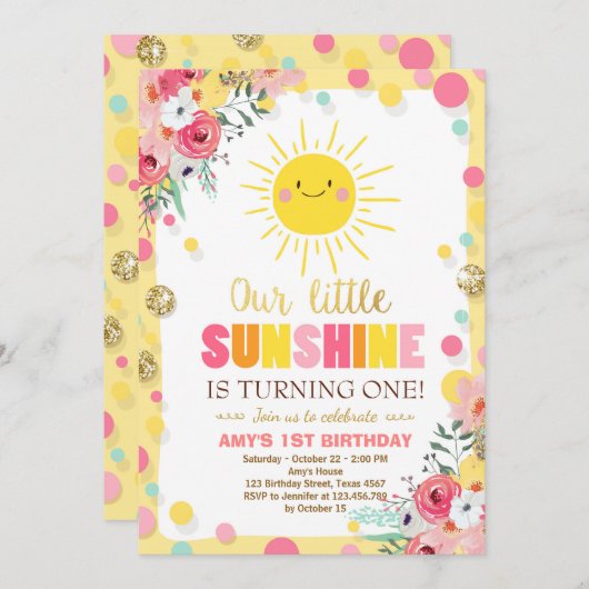 Kleiner Sonnenschein Geburtstag Einladung Pink Flo (Vorne/Hinten)