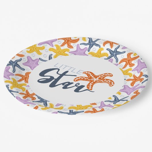 Kleiner Stern mit bunten Sternen auf Weiß Pappteller (Schrägansicht)