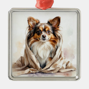 KLEINER SÜßER FLUFFIGER PAPILLON-WELPE ORNAMENT AUS METALL