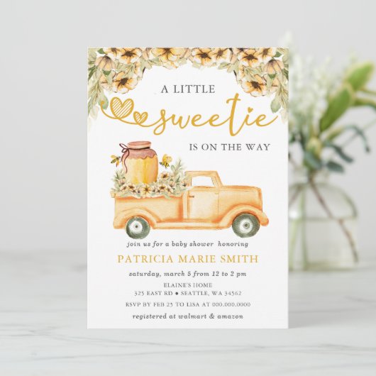 Kleiner Sweetie ist auf dem Weg HoneyBee Baby Dusc Einladung (Stehend Vorderseite)