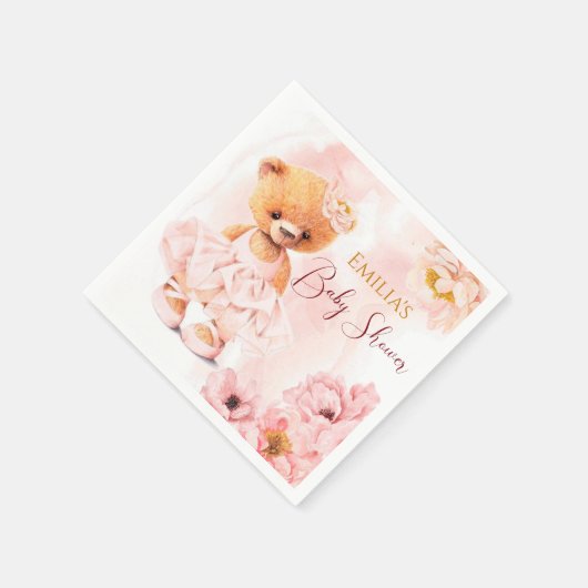 Kleiner Teddybär Blume Prinzessin Pink Aquarell Serviette (Ecke)
