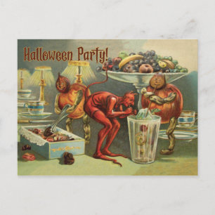 Kleiner Teufel am Tisch, ein Halloween-Party Postkarte