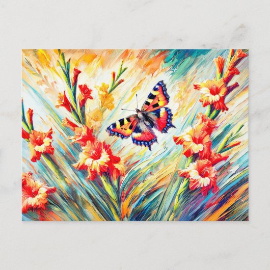 Kleiner Tortoiseshell Schmetterling mit Gladiolus Postkarte (Vorderseite)