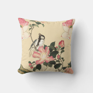 KLEINER VOGEL MIT ROSA ROSEN UND LOTUSBLÜTEN KISSEN