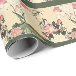 KLEINER VOGEL MIT ROSAFARBENEN ROSEN UND LOTUSBLÜT GESCHENKPAPIER