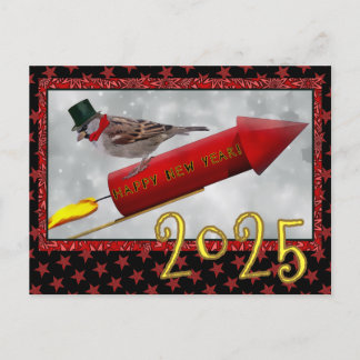 Kleiner Vogel reitet auf einer Rakete Vintage Froh Postkarte