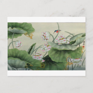 KLEINER VOGEL UND LOTUS JAPANISCHER VINTAGE POSTKARTE