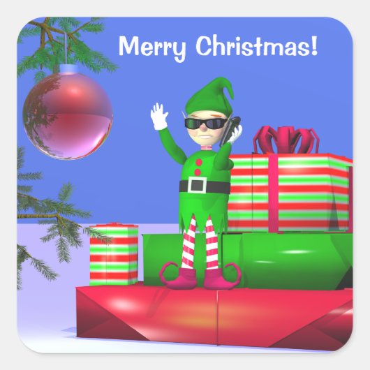Kleiner Weihnachtself Stehend auf Geschenke Quadratischer Aufkleber (Vorderseite)