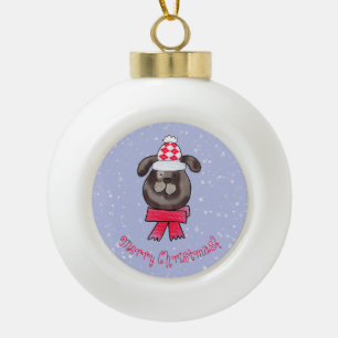 Kleiner Weihnachtshund mit Strickmütze und Schal Keramik Kugel-Ornament