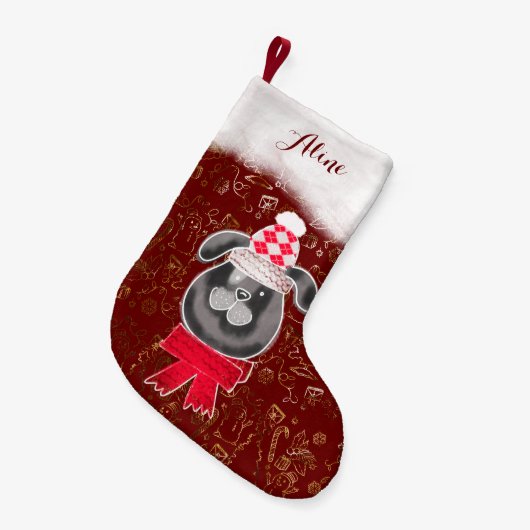 Kleiner Weihnachtshund mit Strickmütze und Schal Kleiner Weihnachtsstrumpf (Vorderansicht (hängend))