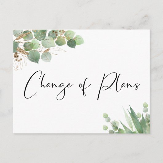 Kleinere Hochzeitänderung Eukalyptus-Pläne Ankündigungspostkarte (Vorderseite)