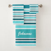 Kleines, Aquamarin gestreiftes Monogramm Badhandtuch Set (Insitu)