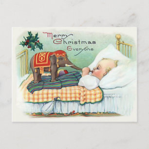 Kleines Baby mit Elefantenspielzeug, vintage Weihn Postkarte