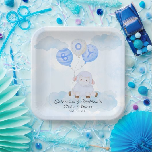 Kleines blaues Lamm in einem Heißluftballon Pappteller (Party)