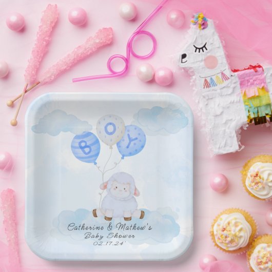 Kleines blaues Lamm in einem Heißluftballon Pappteller (Party)