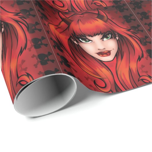 Kleines böses Mädchen mit Skulls Hintergrund Geschenkpapier (Rolleneckpunkt)