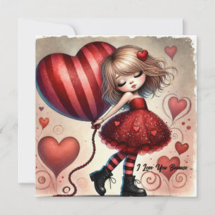 Kleines Cartoon-Valentinsmädchen mit Luftballon Feiertagskarte