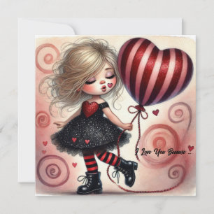 Kleines Cartoon-Valentinsmädchen mit Luftballon Feiertagskarte