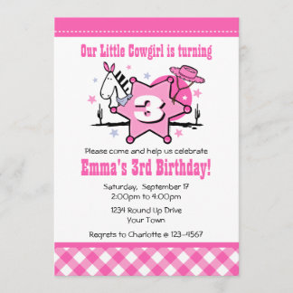 Kleines Cowgirl-3. Geburtstags-Party Einladung