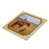 Kleines Cowgirl auf Rinderpferdgelb Fliese (Seite)