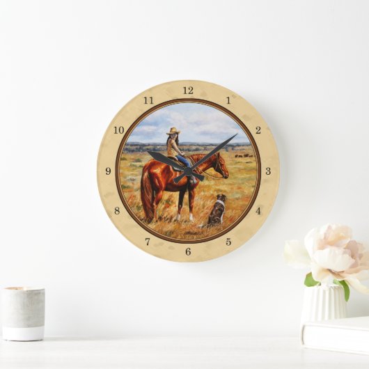 Kleines Cowgirl auf Rinderpferdgelb Große Wanduhr (Zuhause)
