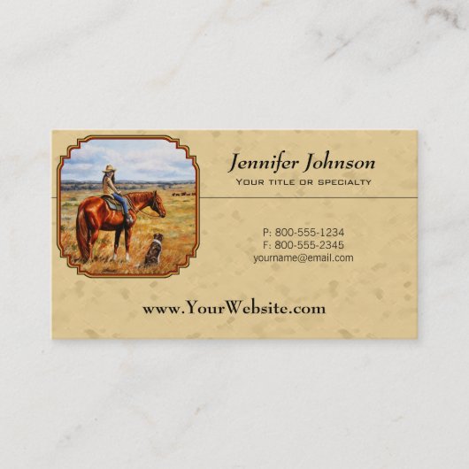 Kleines Cowgirl auf Rinderpferdgelb Visitenkarte (Vorderseite)