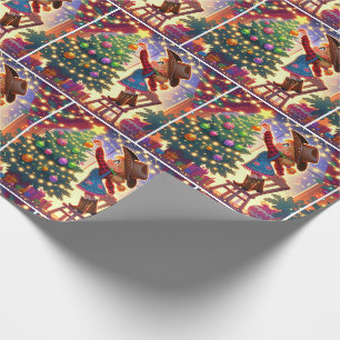 Kleines Cowgirl im Stuhl dekoriert Weihnachtsbaum Geschenkpapier