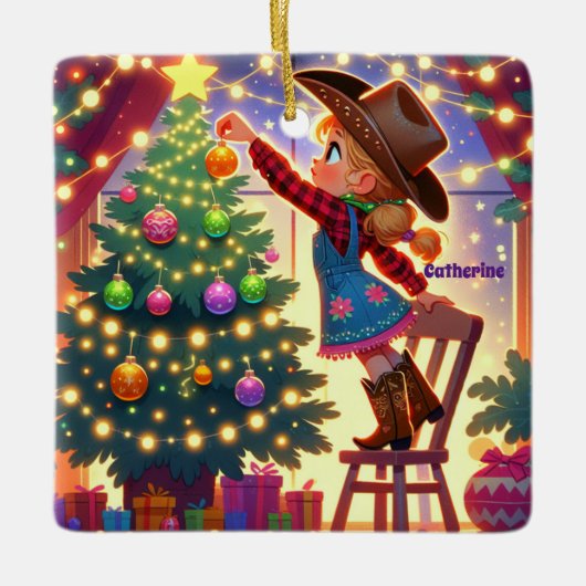 Kleines Cowgirl im Stuhl dekoriert Weihnachtsbaum Keramikornament (Vorderseite)