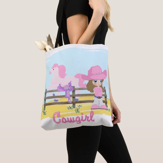 Kleines Cowgirl mit Pferd und Satteltasche Tasche (Von Nahem)