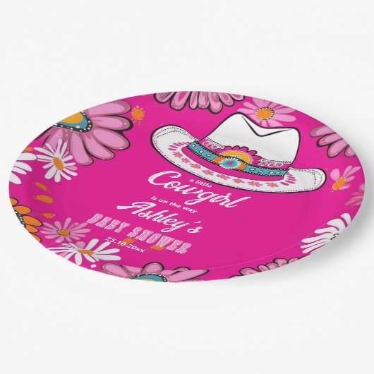Kleines Cowgirl rosa Retro gibt zu sehen, wie das  Pappteller (Schrägansicht)