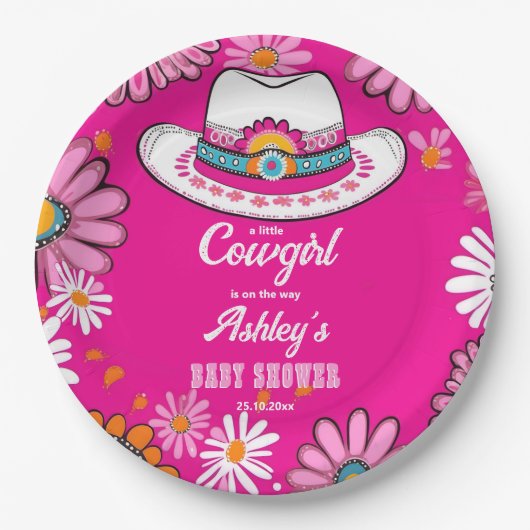 Kleines Cowgirl rosa Retro gibt zu sehen, wie das  Pappteller (Vorderseite)