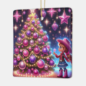 Kleines Cowgirl Stehend vor drei Weihnachten Keramikornament (Links)